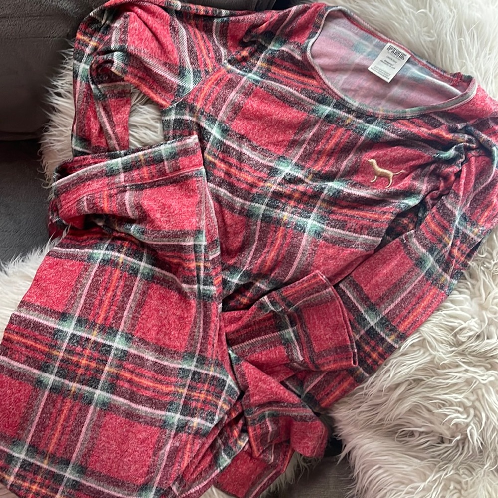 Victoria’s Secret Pink Plaid Holiday Christmas 2 piece Longjohn Pajama Sleepwear